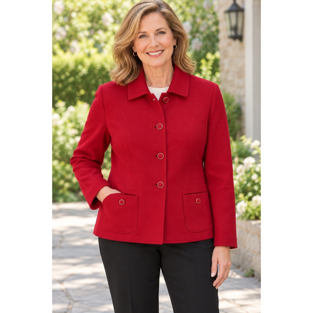 Talbots Red Wool Blend Button Front Jacket Gold Trim Pockets Size 12